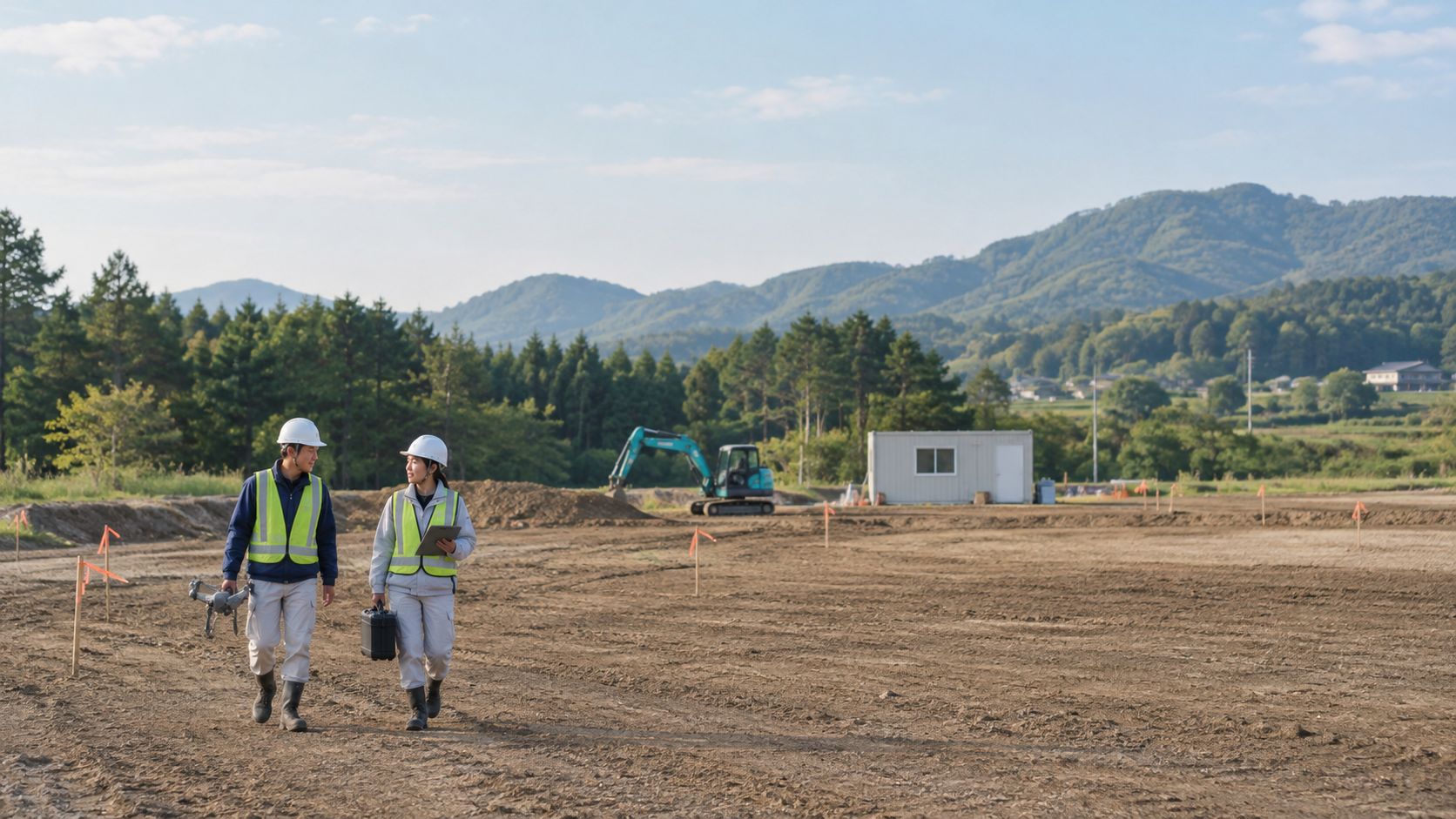 イメージ写真：測量用ドローンと機材ケースを持って、造成地を歩く2人の作業者