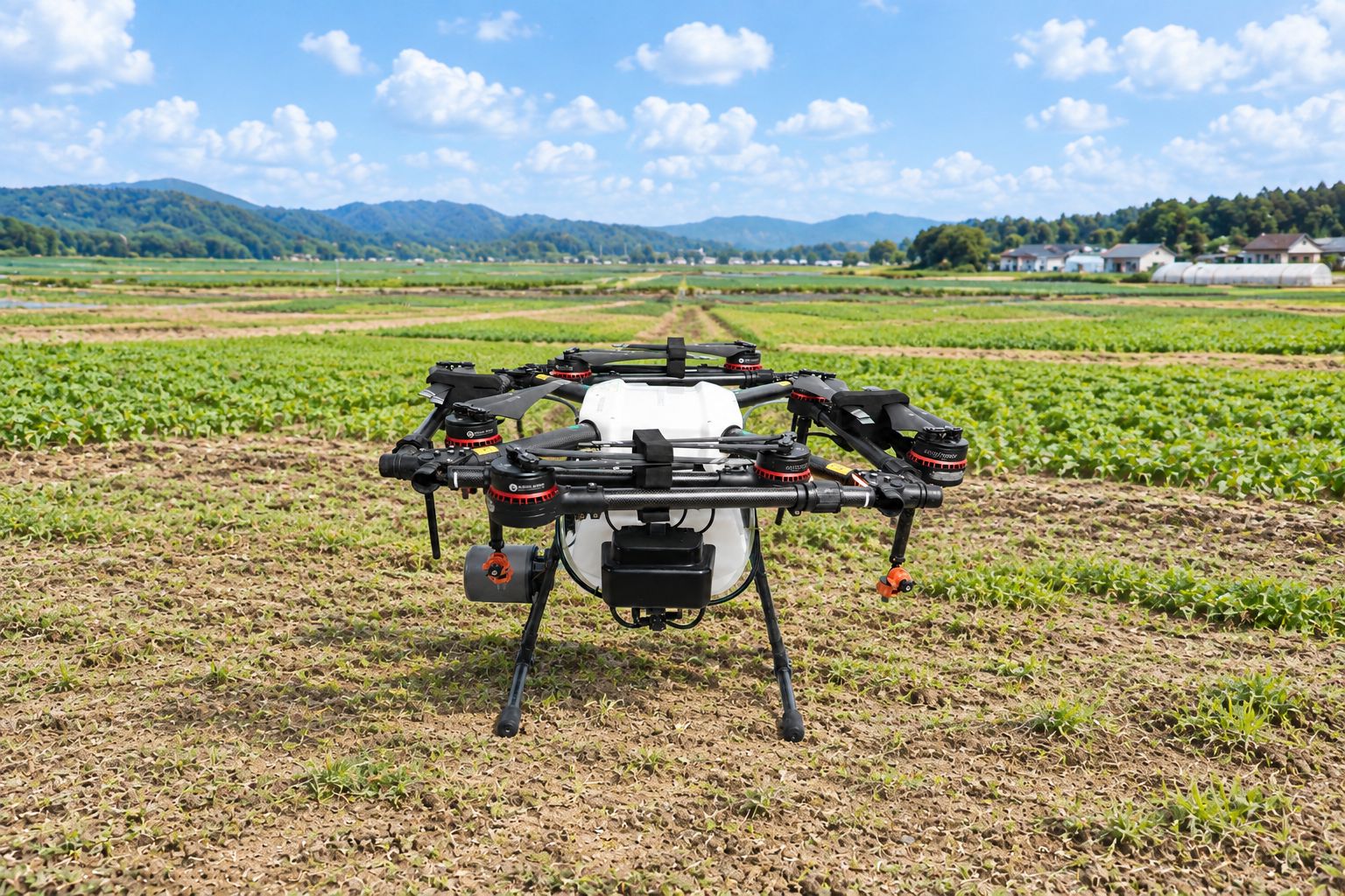 畑に置かれた大型の散布用ドローン